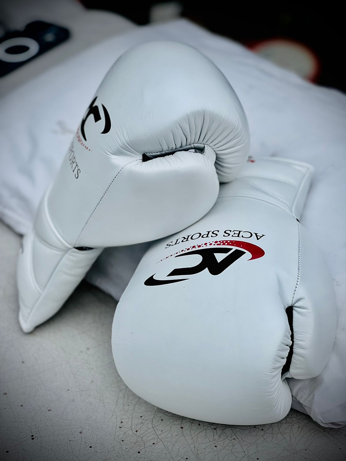 ACES Professional Cowhide Leather Boxing Gloves with laces in White & Black