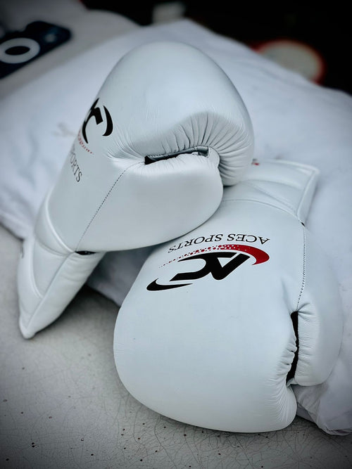 ACES Professional Cowhide Leather Boxing Gloves with laces in White & Black