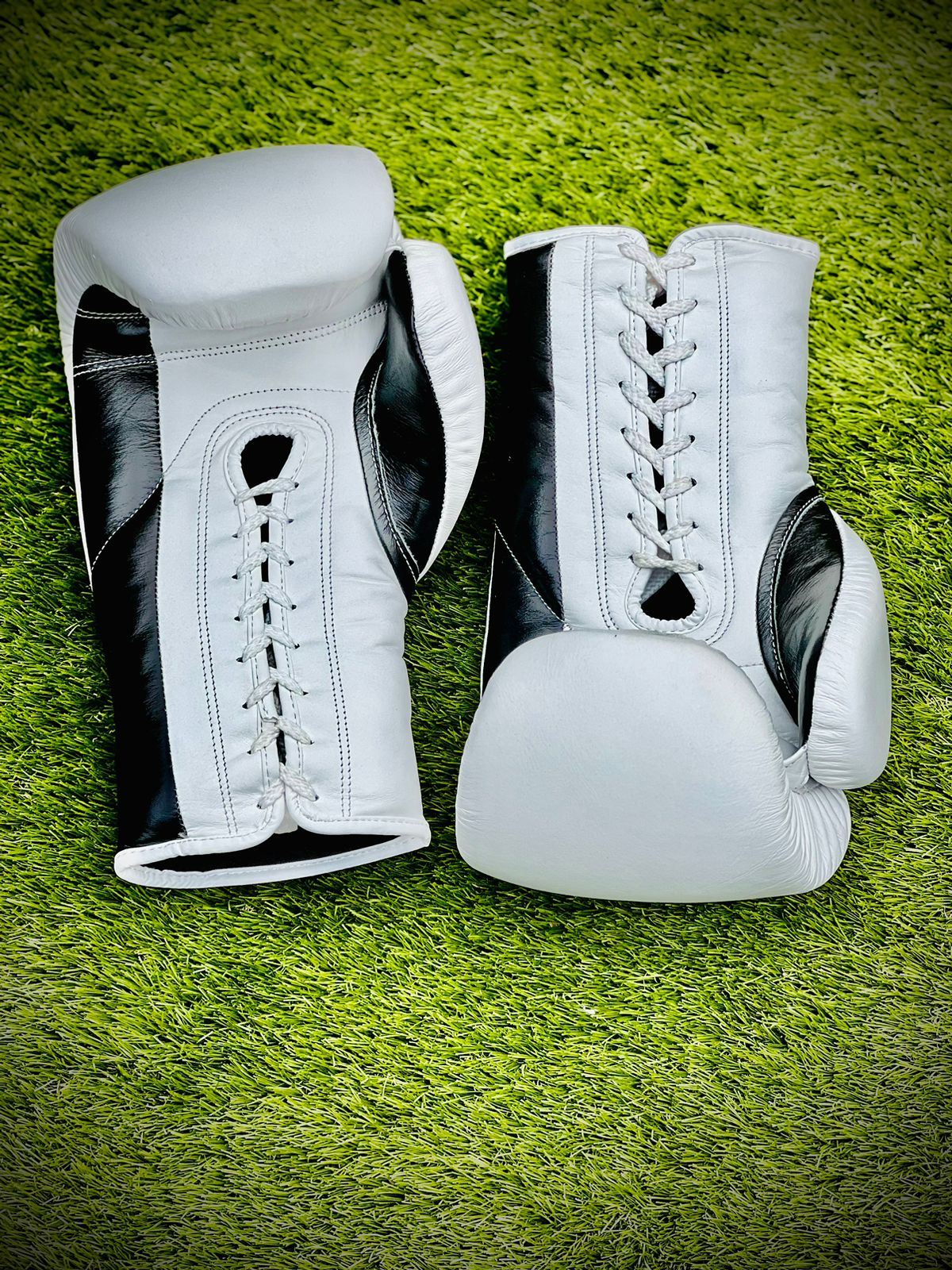 ACES Professional Cowhide Leather Boxing Gloves with laces in White & Black